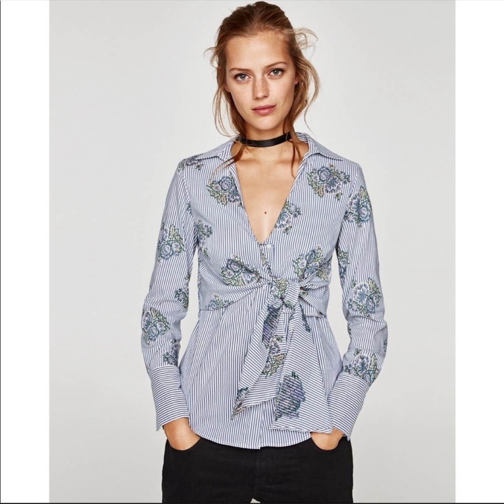 Zara Floral Stripped Knotted Shirt